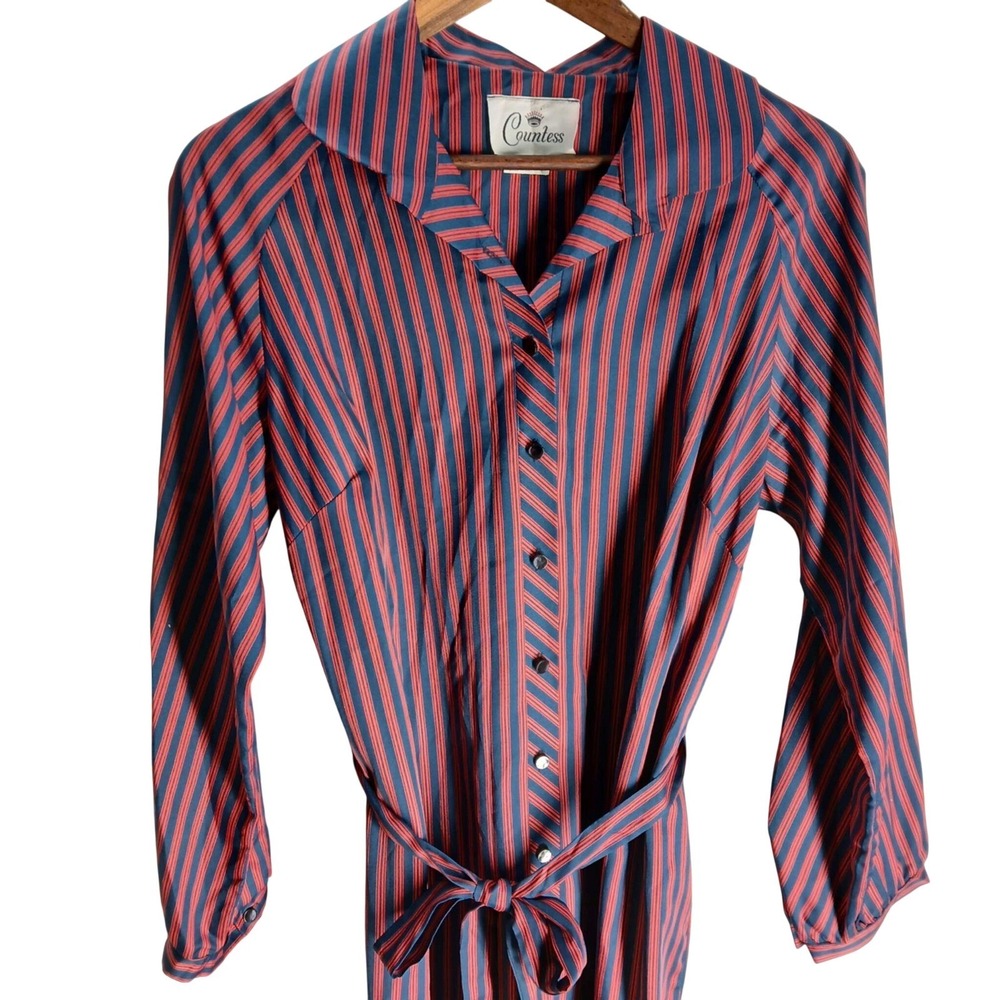 Vtg 80s Countess Striped Shirt Dress Navy Red Midi Button Belted 18C Mod Style - Picture 10 of 11